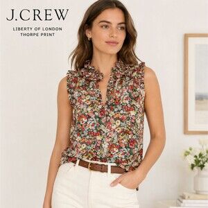 J Crew Liberty Thorpe Floral Ruffle Tank Top 4 Cotton V Keyhole Cottage G3829